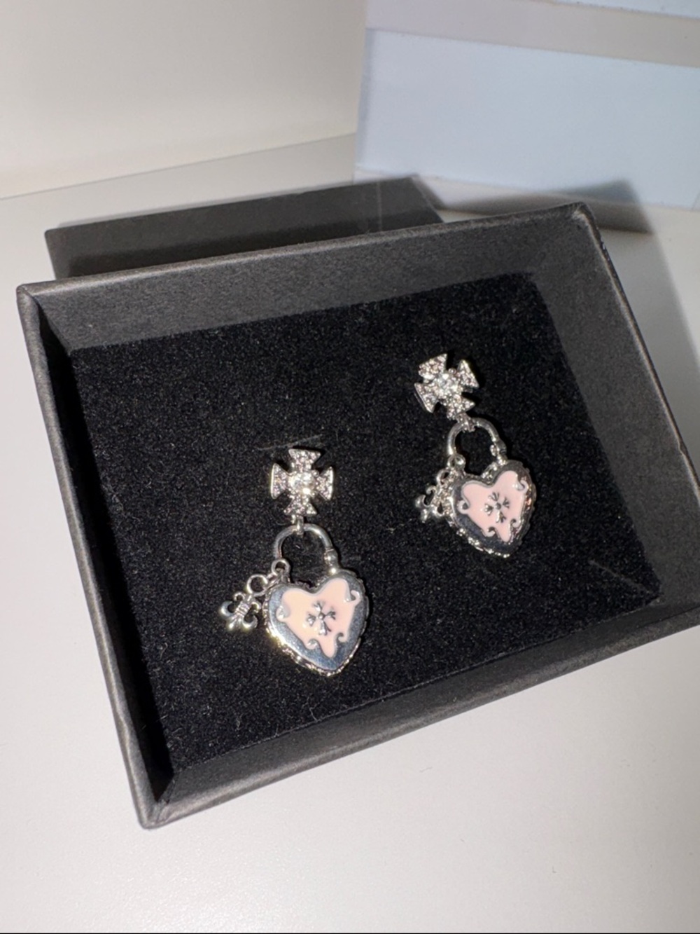 Pink Heart Lock Drop Earrings - Silver Tone